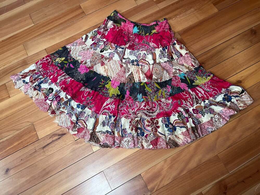 Boho Tiered Patchwork Style Maxi Skirt Cotton sz 14 Stretch Lined Hippie Gypsy
